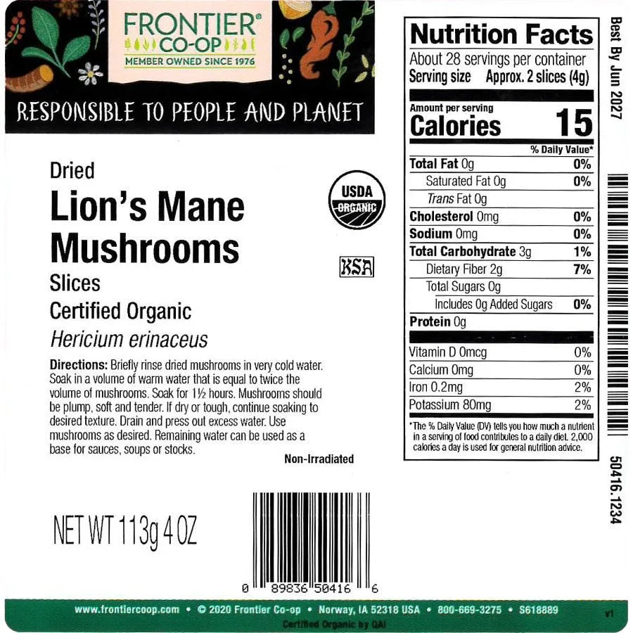 Frontier Co-op Lion's Mane Mushrooms, Dried Slices, Organic 1/4 lb.