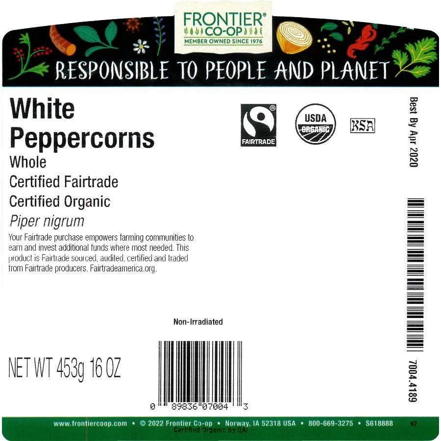 Frontier Co-op White Peppercorns, Organic, Fairtrade Certified 1 lb.