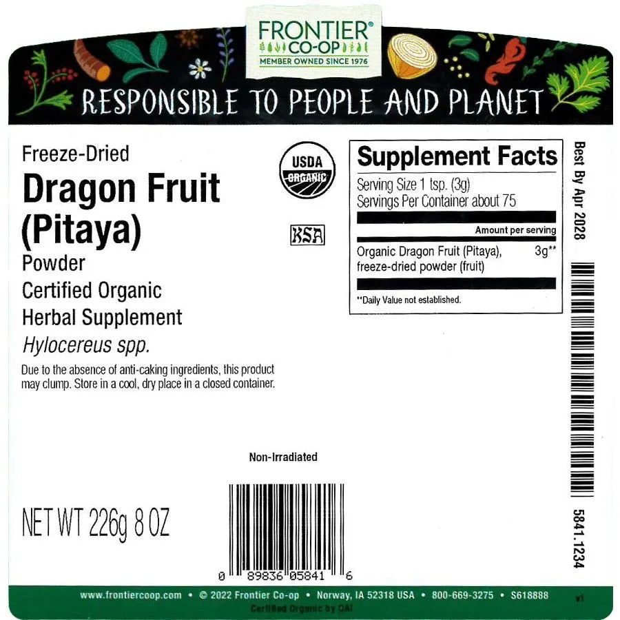 Frontier Co-op Freeze-Dried Dragon Fruit (Pitaya), Organic 1/2 lb.