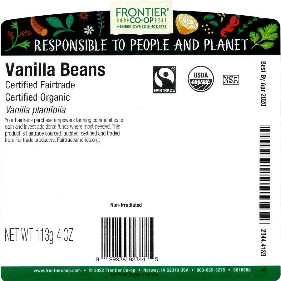 Frontier Co-op Vanilla Beans, Organic, Fairtrade Certified 1/4 lb.