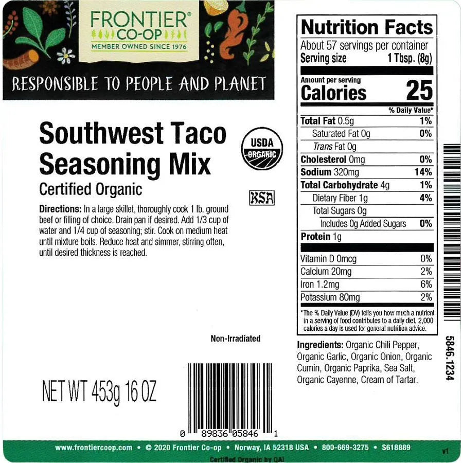 Frontier Co-op Southwest Taco Seasoning, Organic 1 lb.