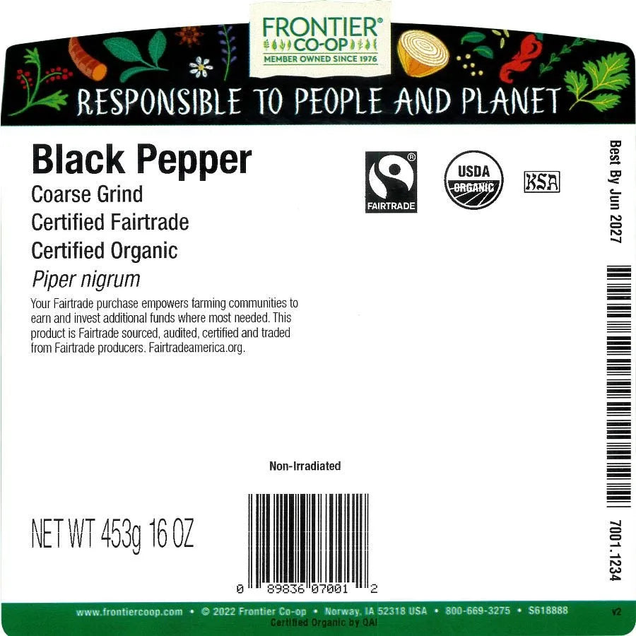 Frontier Co-op Black Pepper, Coarse Grind, Organic, Fairtrade Certified 1 lb.